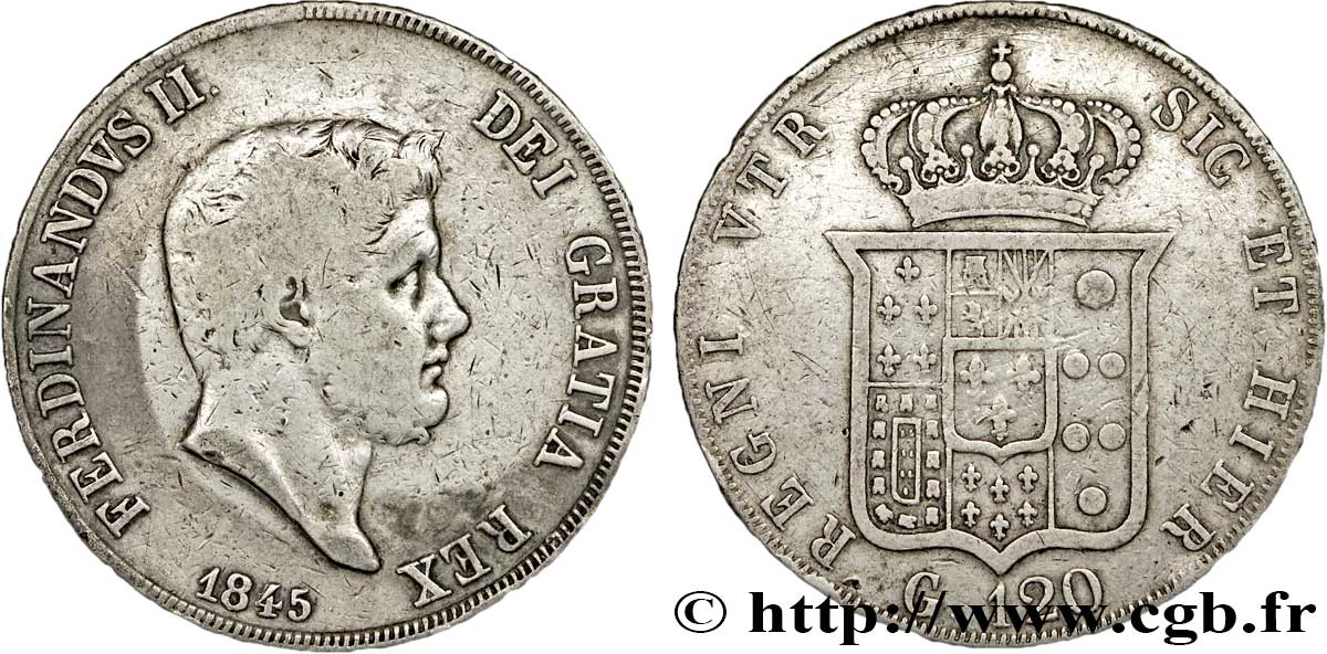 ITALIA - REINO DE LAS DOS SICILIAS 120 Grana Royaume des Deux-Siciles, Ferdinand II / écu couronné 1845 Naples BC 