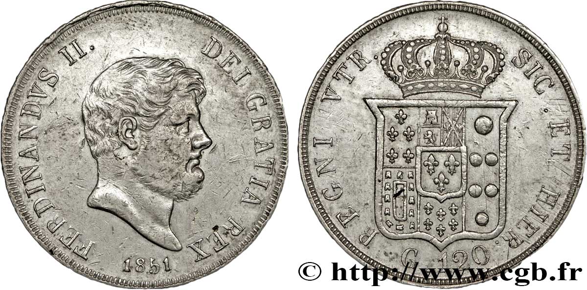 ITALIA - REINO DE LAS DOS SICILIAS 120 Grana Royaume des Deux-Siciles, Ferdinand II / écu couronné 1851 Naples BC+ 