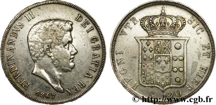 ITALIA - REINO DE LAS DOS SICILIAS 120 Grana Royaume des Deux-Siciles, Ferdinand II / écu couronné 1847 Naples BC 