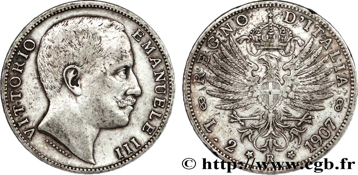 ITALIA 2 Lire Victor Emmanuel III / aigle héraldique 1907 Rome - R BC 