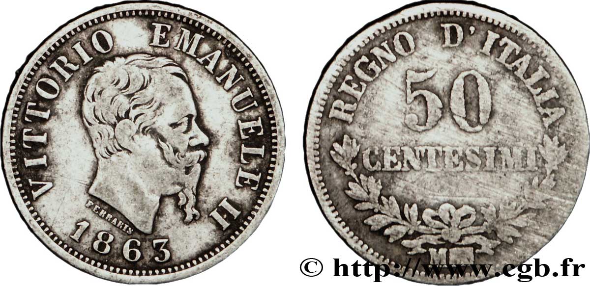 ITALIE 50 Centesimi Victor Emmanuel II 1863 Milan - M TB 