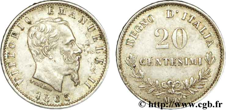 ITALIA 20 Centesimi Victor Emmanuel II 1863 Milan - M SPL 