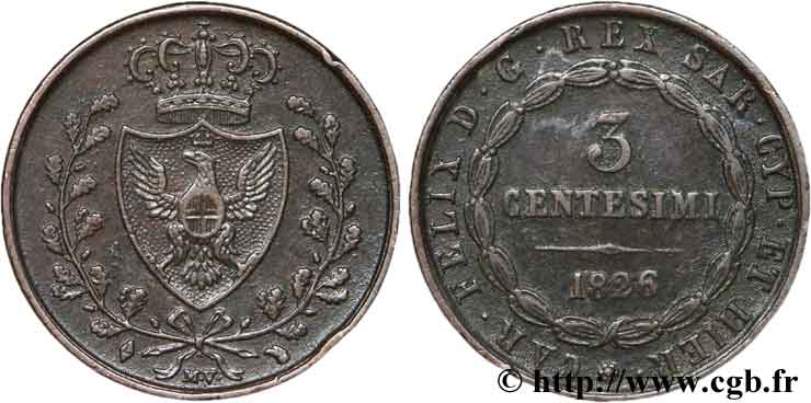 ITALIA - REINO DE CERDEÑA 3 Centesimi Royaume de Sardaigne type au “L” 1826 Turin EBC 