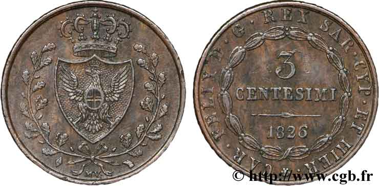 ITALIA - REINO DE CERDEÑA 3 Centesimi Royaume de Sardaigne type au “L” 1826 Turin EBC 
