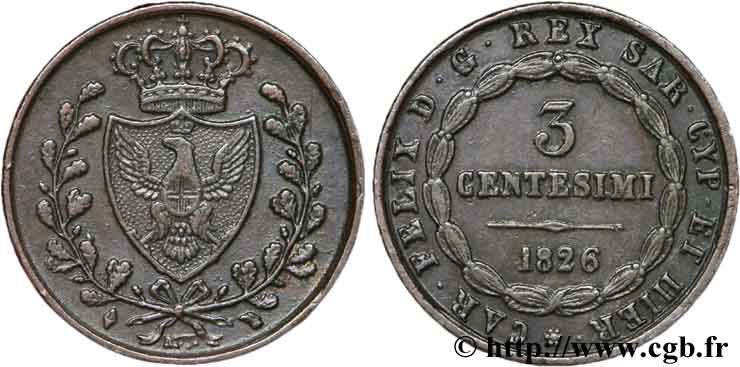 ITALIA - REINO DE CERDEÑA 3 Centesimi Royaume de Sardaigne type au “L” 1826 Turin MBC+ 