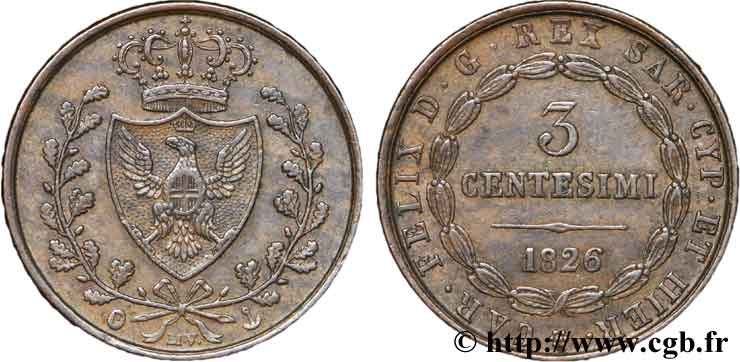 ITALIA - REINO DE CERDEÑA 3 Centesimi Royaume de Sardaigne type au “P” 1826 Gênes EBC 