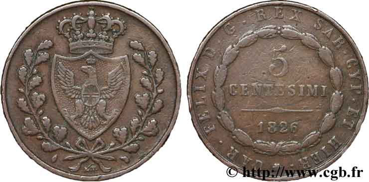 ITALIA - REINO DE CERDEÑA 5 Centesimi Royaume de Sardaigne type au “L” 1826 Turin MBC 