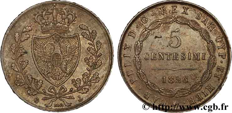 ITALIA - REINO DE CERDEÑA 5 Centesimi Royaume de Sardaigne type au “P” 1826 Gênes EBC 