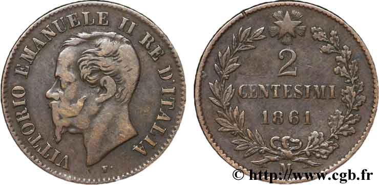ITALIA 2 Centesimi Victor Emmanuel II 1861 Milan - M MB 