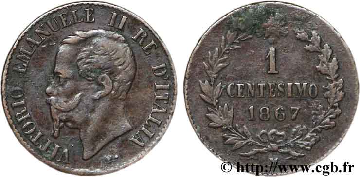 ITALY 1 Centesimo Victor Emmanuel II 1867 Milan - M XF 