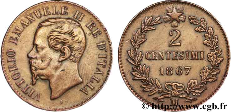 ITALIA 2 Centesimi Victor Emmanuel II 1867 Milan - M BB 