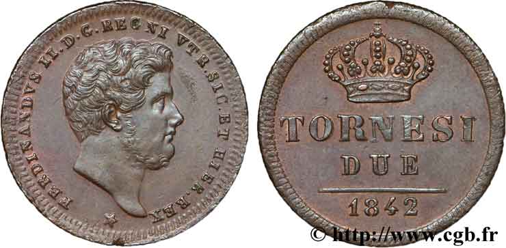 ITALIEN - KÖNIGREICH BEIDER SIZILIEN 2 Tornesi Royaume des Deux-Siciles, Ferdinand II / couronne étoile à 5 pointes 1842 Naples VZ 