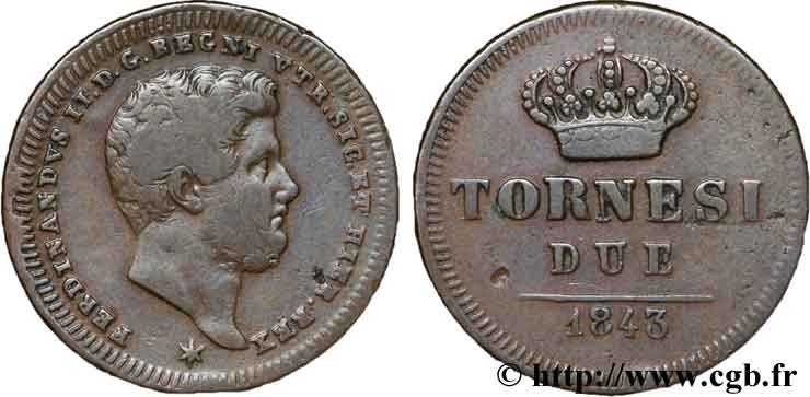 ITALY - KINGDOM OF TWO SICILIES 2 Tornesi Royaume des Deux-Siciles, Ferdinand II / couronne étoile à 6 pointes 1843 Naples VF 