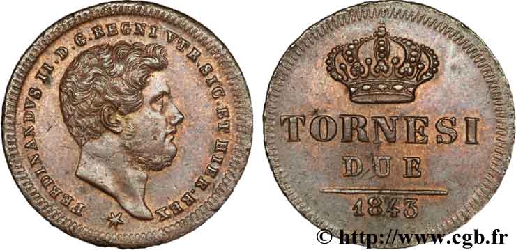 ITALY - KINGDOM OF TWO SICILIES 2 Tornesi Royaume des Deux-Siciles, Ferdinand II / couronne étoile à 6 pointes 1843 Naples AU 