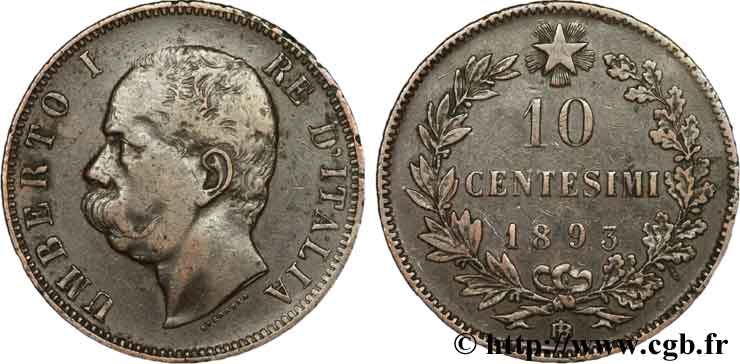 ITALIA 10 Centesimi Humbert Ier 1893 Birmingham BC+ 