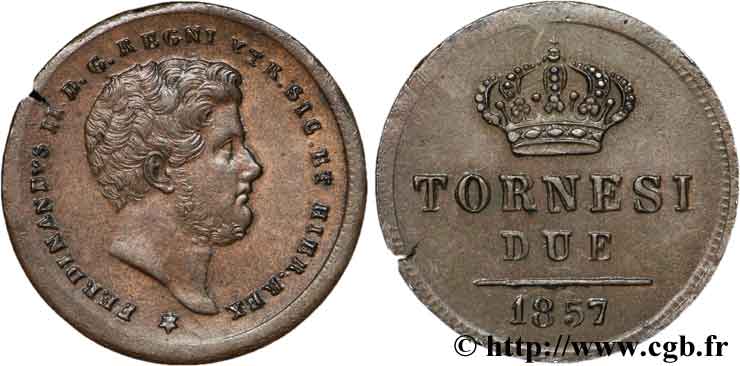 ITALIA - REINO DE LAS DOS SICILIAS 2 Tornesi Royaume des Deux-Siciles, Ferdinand II / écu couronné type étoile à 5 branches 1857 Naples EBC 