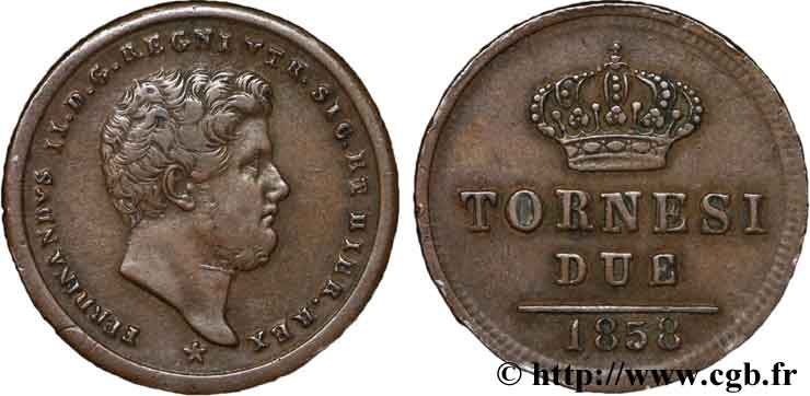 ITALIEN - KÖNIGREICH BEIDER SIZILIEN 2 Tornesi Royaume des Deux-Siciles, Ferdinand II / écu couronné 1858 Naples SS 