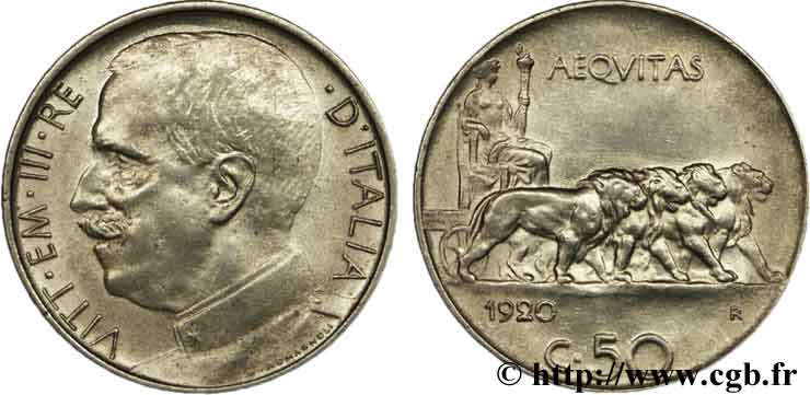 ITALIA 50 Centesimi  Victor Emmanuel III 1920 Rome - R SPL 
