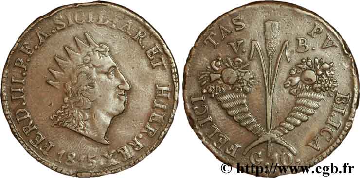 ITALY - KINGDOM OF SICILIA 10 Grana Royaume de Sicile Ferdinand III / deux cornes d’abondance 1815  VF 