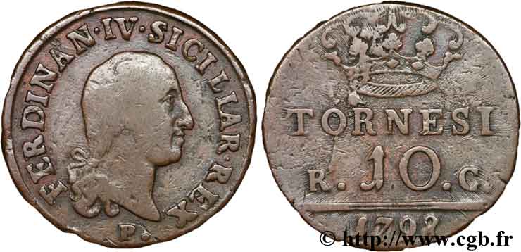ITALIA - REGNO DI NAPOLI 10 Tornesi Royaume des Deux Siciles Ferdinand IV, variante de légende ‘SICL’ 1798  MB 