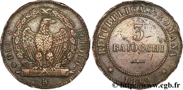 ITALY - RÉPUBLIQUE ROMAINE 3 Baiocchi République Romaine aigle sur faisceaux 1849 Rome - R VF 