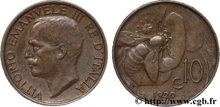 ITALIA 10 Centesimi Victor Emmanuel III / abeille 1920 Rome - R MBC 