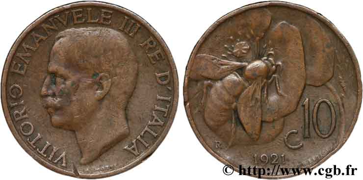 ITALIA 10 Centesimi Victor Emmanuel III / abeille 1921 Rome - R BC+ 