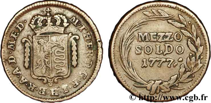 ITALIA - LOMBARDIA 1/2 Soldo Lombardie frappe au nom de Marie-Thérèse d’Autriche 1777 Milan BC 