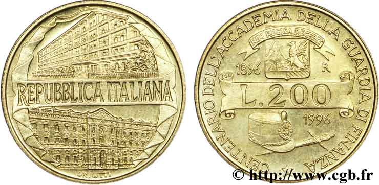 ITALY 200 Lire centenaire Académie de la Guardia di Finanza 1996 Rome - R MS 