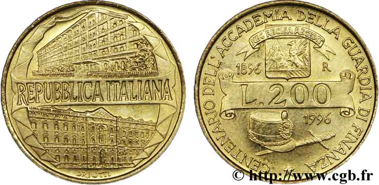 ITALIA 200 Lire centenaire Académie de la Guardia di Finanza 1996 Rome - R SPL 