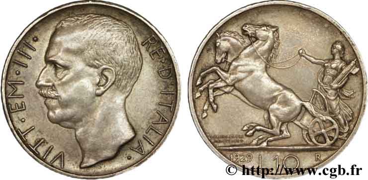 ITALIEN 10 Lire Victor Emmanuel III / char antique 1929 Rome - R fST 