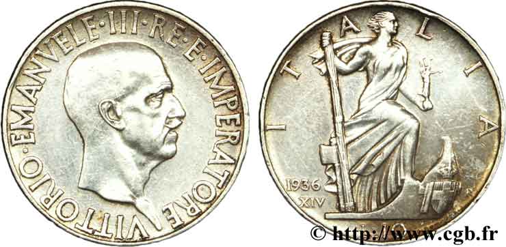 ITALY 10 Lire Victor Emmanuel III 1936 Rome - R XF 