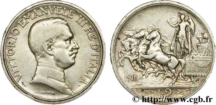ITALIA 2 Lire Victor Emmanuel III / quadrige 1916 Rome - R BC 