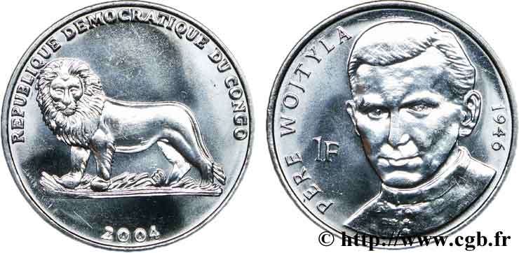 DEMOKRATISCHE REPUBLIK KONGO 1 Franc série Pape Jean-Paul II : Lion / portrait père Wojtyla en 1946 2004  fST 