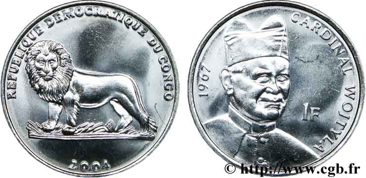 RÉPUBLIQUE DÉMOCRATIQUE DU CONGO 1 Franc série Pape Jean-Paul II : Lion / portrait cardinal Wojtyla en 1967 2004  SPL 