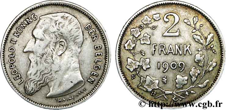 BELGIUM 2 Francs (Frank) Léopold II légende flamande 1909  MS 
