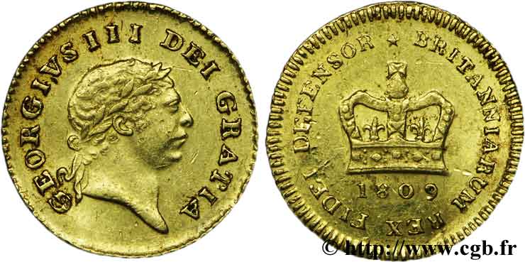 VEREINIGTEN KÖNIGREICH 1/3 Guinée Georges III tête laurée / couronne 3e type 1809  VZ 