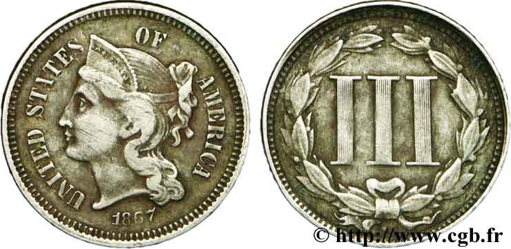 ESTADOS UNIDOS DE AMÉRICA 3 Cents 1867 Philadelphie MBC 