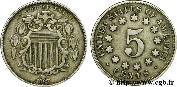 ESTADOS UNIDOS DE AMÉRICA 5 Cents bouclier variété sans rayons entre les étoiles 1867 Philadelphie MBC 