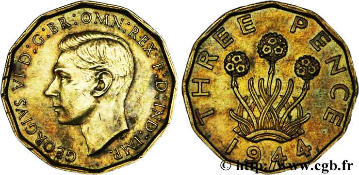 UNITED KINGDOM 3 Pence Georges VI allium porrum (ail poireau) 1944  XF 