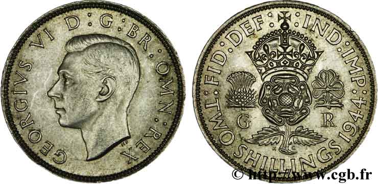 UNITED KINGDOM 1 Florin (2 Shillings) Georges VI 1944  AU 