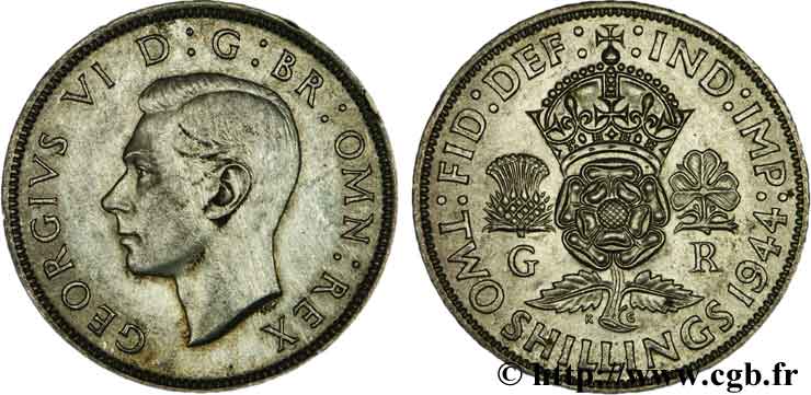 UNITED KINGDOM 1 Florin (2 Shillings) Georges VI 1944  XF 