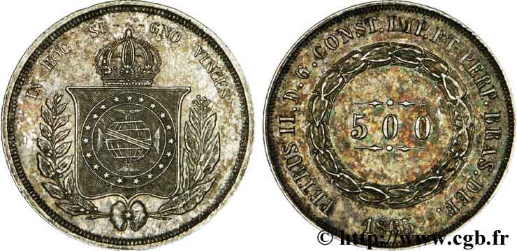 BRAZIL 500 Reis Empereur Pierre II 1865  AU 
