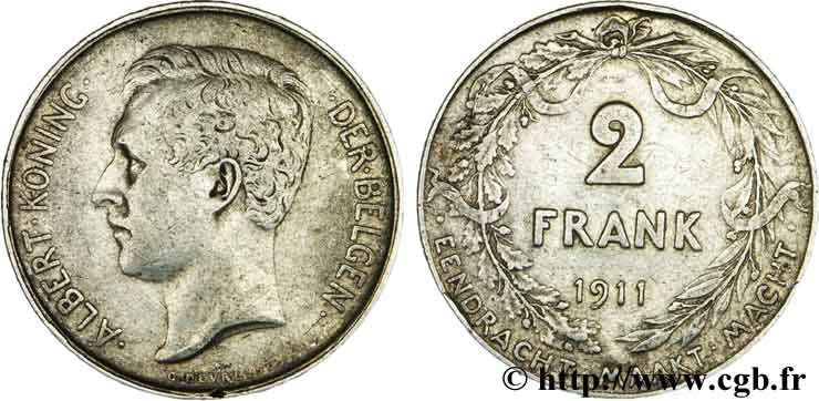BELGIO 2 Francs Albert Ier légende en flamand 1911  BB 