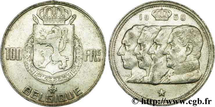BÉLGICA 100 Francs armes au lion / portraits des quatre rois de Belgique, légende française 1950  BC+ 