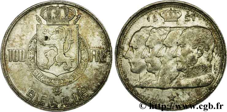 BELGIUM 100 Francs Quatre rois de Belgique, légende flamande 1951  XF 