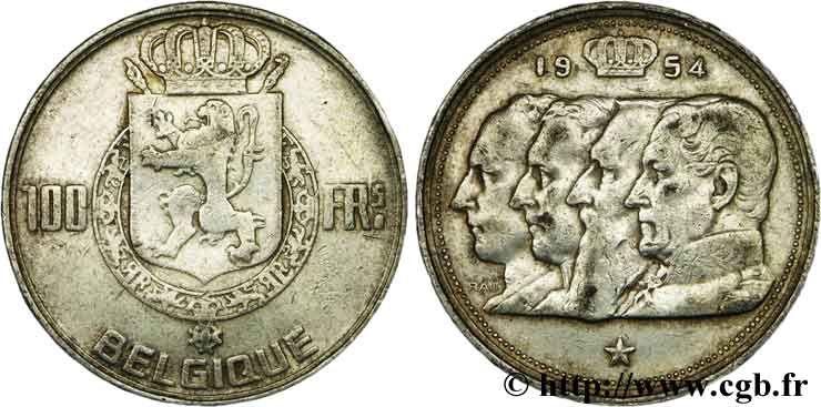 BELGIUM 100 Francs armes au lion / portraits des quatre rois de Belgique, légende française 1954  VF 