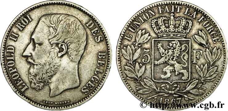 BELGIEN 5 Francs Léopold II 1867  SS 