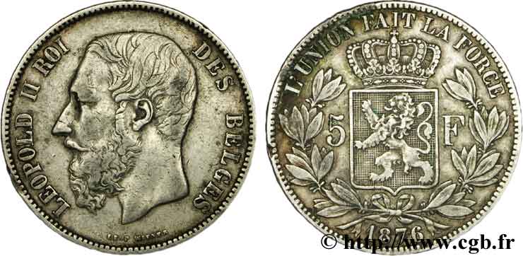 BÉLGICA 5 Francs Léopold II 1876  MBC 