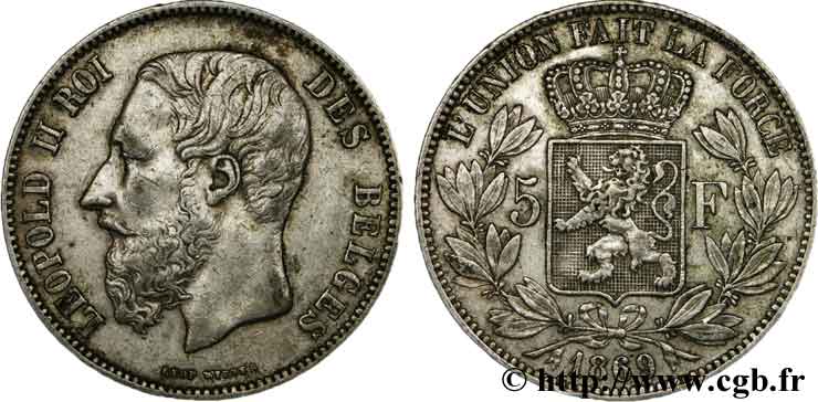 BÉLGICA 5 Francs Léopold II 1869  MBC 